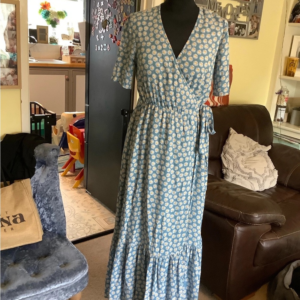 Floral Wrap Dress in Blue and White